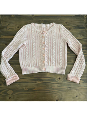 American Eagle Women's Cable Knit Cardigan Sweater Small Pink 100% Cotton